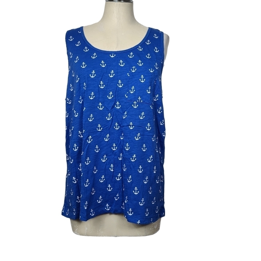 J. Crew Factory Blue Scoop Neck White Anchor Tank Top XL